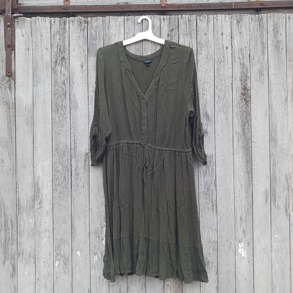 Torrid Sz 2X Roll Tab‎ Half Sleeve Button Front Popover Shirt Dress Green Womens